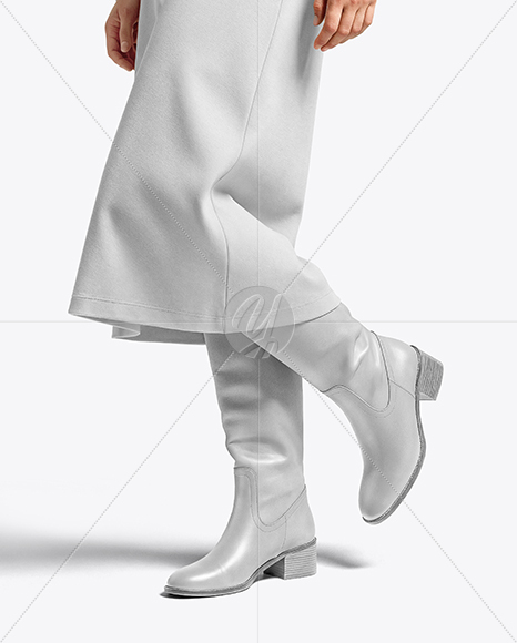 Pair of High-Knee Boots on Women's Legs with Dress Mockup