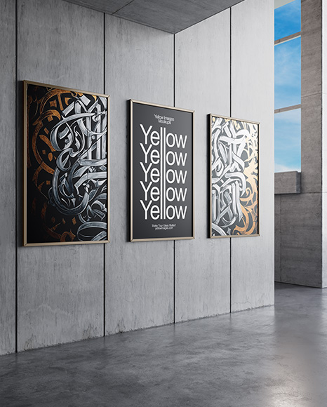 Three Framed Posters on Concrete Wall Mockup - Wall frame mockup