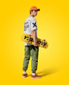 Young Man Wearing T-Shirt and Cargo Pants Holding Skateboard Mockup