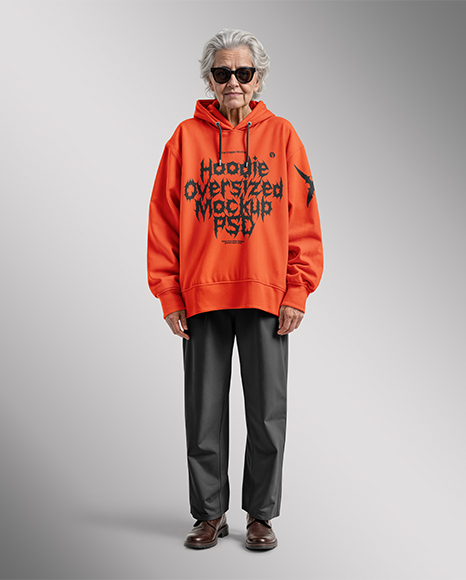 Old Woman Wearing Oversized Hoodie & Sweatpants Mockup