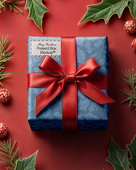 Square Gift Box with Red Bow Mockup