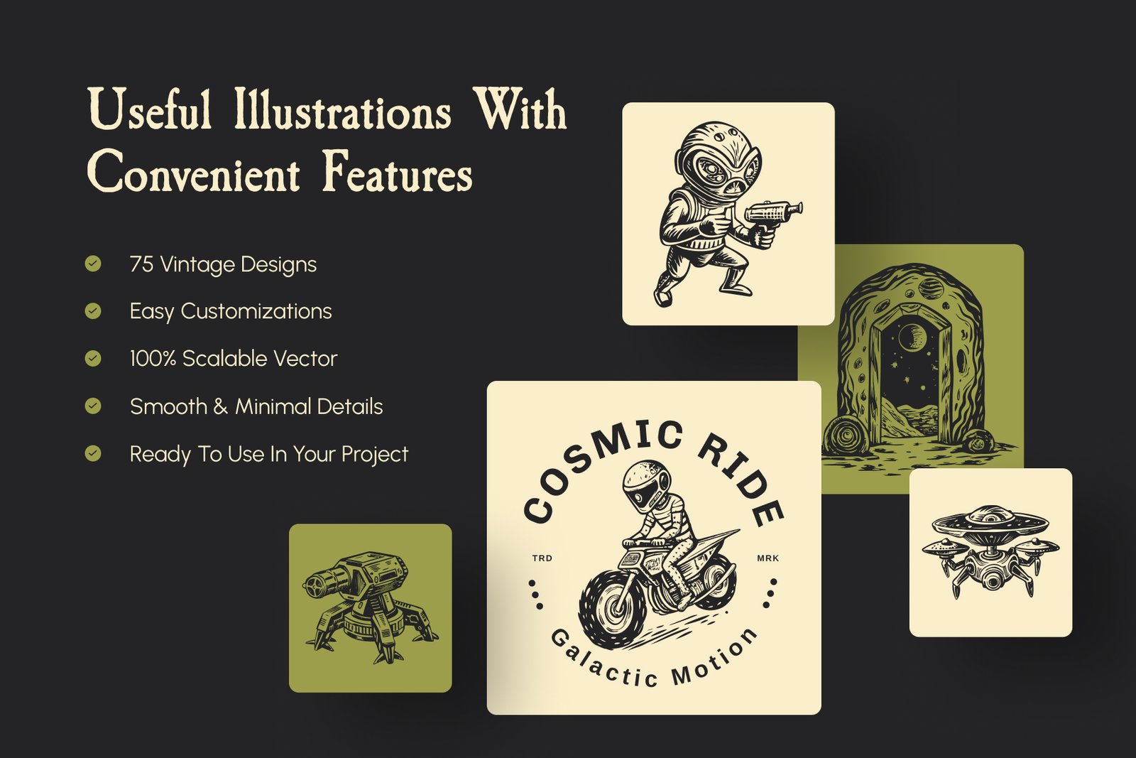 Vintage Alien Illustration Set
