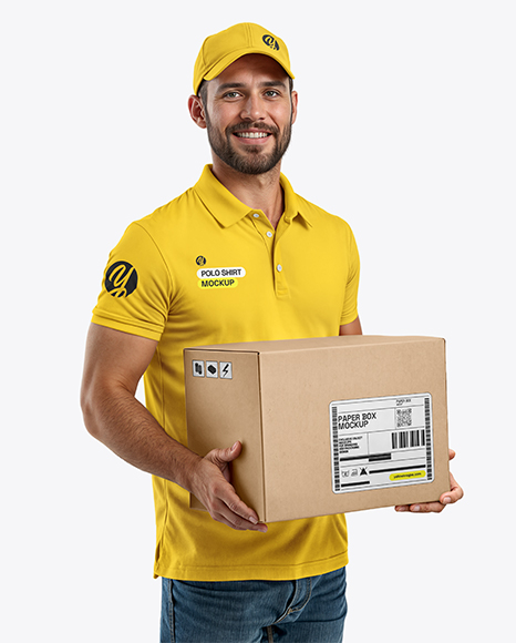 Delivery Man Wearing Polo Shirt and Cap Holding Box Mockup - Boyfriend+Short+|+Lucky+Brand