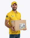 Delivery Man Wearing Polo Shirt and Cap Holding Box Mockup
