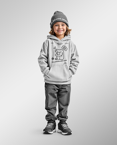 Boy Wearing a Hoodie and Beanie Hat Mockup