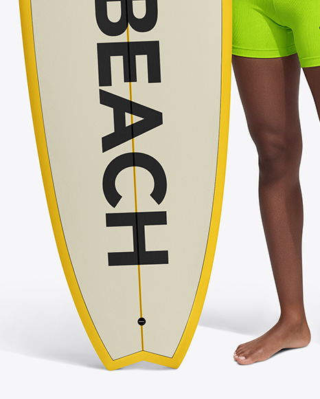 Woman Wearing Long Sleeve Rashguard and Shorts Holding Surfboard Mockup