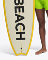 Woman Wearing Long Sleeve Rashguard and Shorts Holding Surfboard Mockup