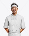 Asian Man Wearing Chef Uniform and Headband Mockup