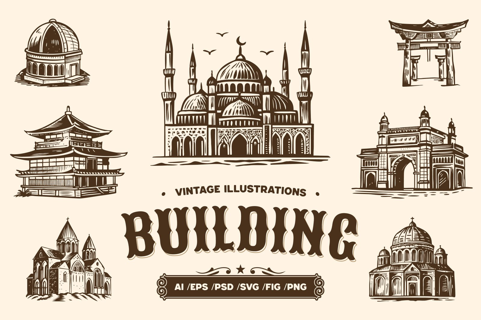 Vintage Building Illustration Set