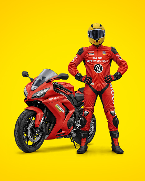 Man Wearing Moto Racing Kit with Sport Bike Mockup