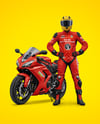 Man Wearing Moto Racing Kit with Sport Bike Mockup