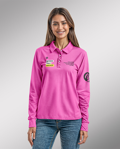 Woman Wearing Long Sleeve Polo Shirt and Jeans Mockup