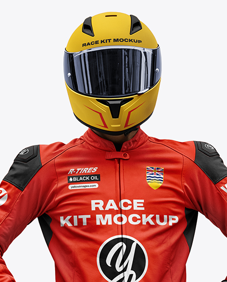 Man Wearing Moto Racing Kit with Sport Bike Mockup