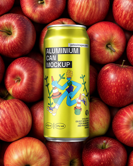 16oz Drink Can on a Stack of Red Apples Mockup - Packaging mockups