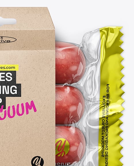 Clear Plastic Flow-Pack with Sausages in Kraft Paper Holder Mockup