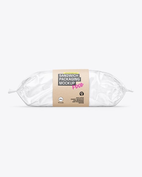 Clear Plastic Flow-Pack with Sandwich in Kraft Paper Sleeve Mockup