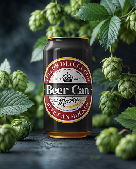 Beer Can Surrounded by Hops Branches Mockup