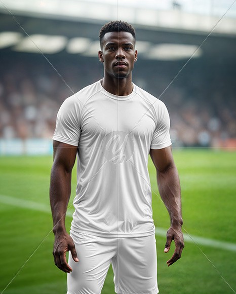 Soccer Player Wearing a Crew Neck Jersey and Shorts at the Stadium Mockup