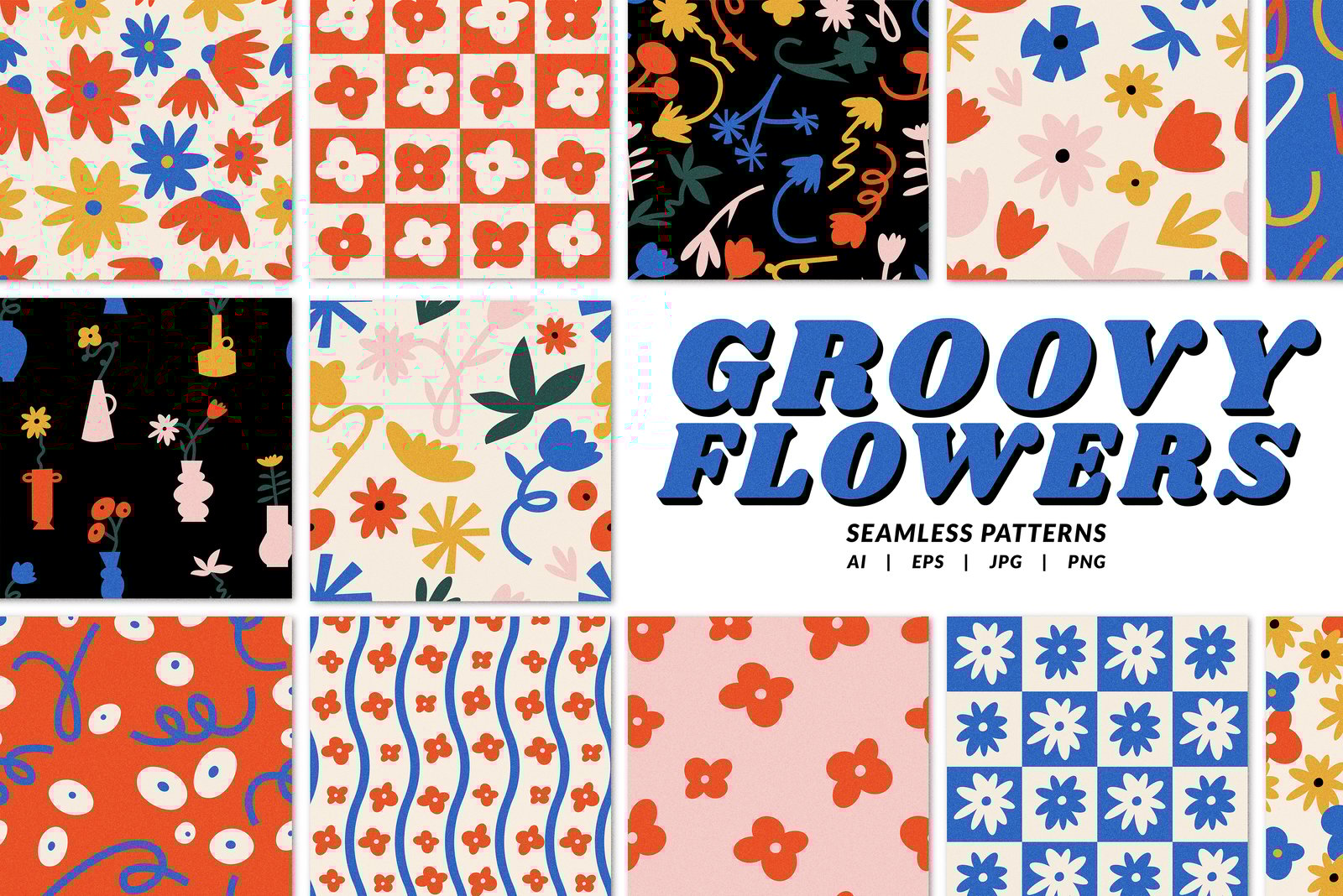 Groovy Flowers. Seamless Patterns