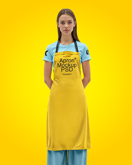 Young Woman Wearing Apron and T-Shirt Mockup