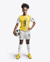 A Black Woman Wearing a Full Soccer Kit with a Ball Mockup
