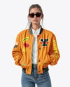 Woman in Sunglasses Wearing Bomber Jacket and Jeans Mockup