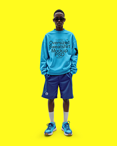 Young Black Man Wearing Oversize Sweatshirt and Shorts Mockup