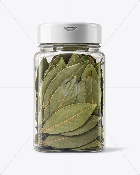 Square Plastic Jar with Bay Leaves Mockup