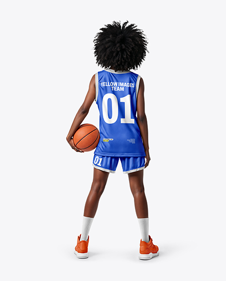 Black Woman with Afro Hairstyle Wearing Full Basketball Kit Mockup - Baseball+Sleeveless+Shirt+Back+View+Jersey+Mockup+PSD+File+...