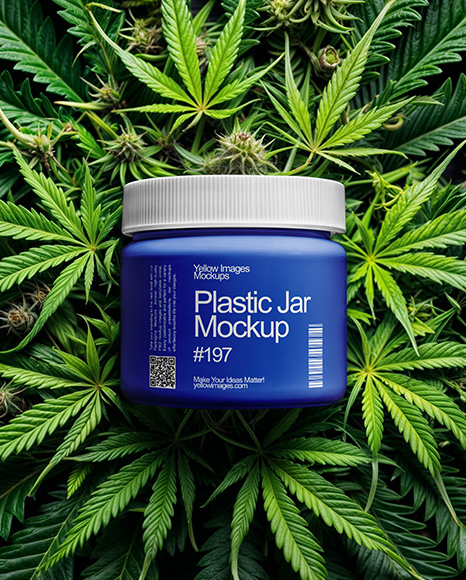 Plastic Supplements Jar on a Hemp Leaves Mockup