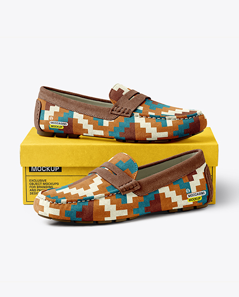 Pair of Suede Moccasins with Shoe Box Mockup - Gift box mockup