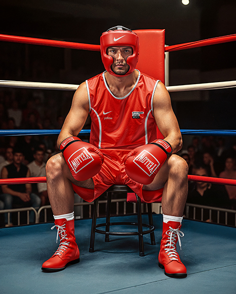 Man in Full Boxing Kit Sitting In Corner of Ring Mockup - Kit mockup psd