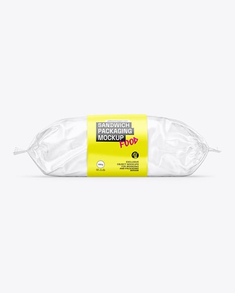 Clear Plastic Flow-Pack with Sandwich in Paper Sleeve Mockup