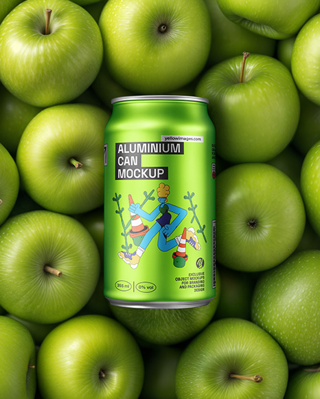 12oz Drink Can on a Stack of Green Apples Mockup - Metal can mockup