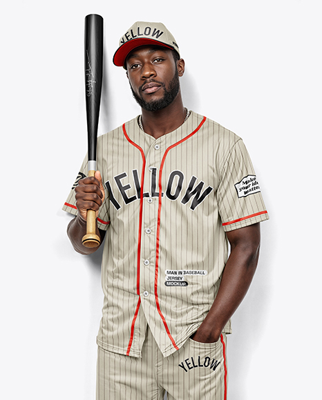 Afro-American Baseball Player Wearing a Jersey and Cap Holding a Bat Mockup - Mens+Baseball+Jersey+Mockup+HalfsideView+Download+...