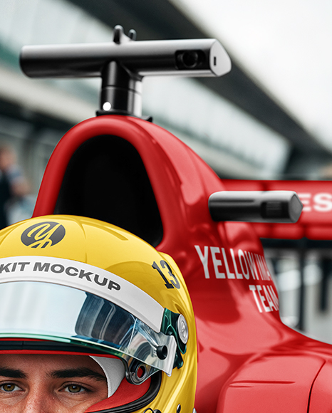 Man Wearing Racing Kit in Formula 1 Car Mockup