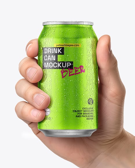 330ml Aluminium Can with Drops in the Hand Mockup