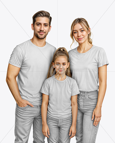 Family with a Girl Wearing T-shirts and Jeans Mockup