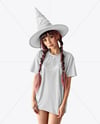 Young Woman Wearing Witch Hat and Oversized T-shirt Mockup