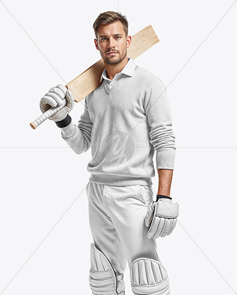 Cricket Player Wearing a Jumper Holding a Bat Mockup