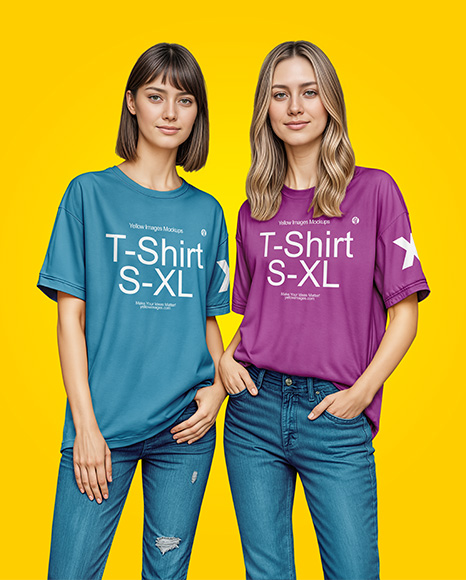 Two Young Women Wearing T-shirts and Jeans Mockup