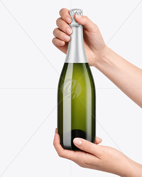Green Glass Champagne Bottle in Hands Mockup