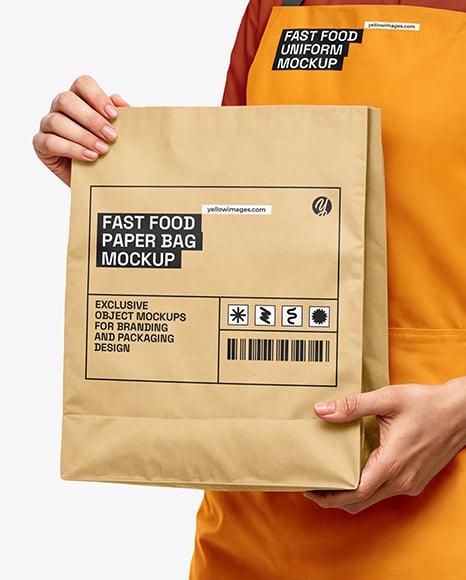 Female Fast Food Worker in Uniform with Paper Bag Mockup