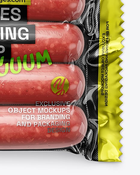 Glossy Plastic Flow-Pack with Sausages Mockup