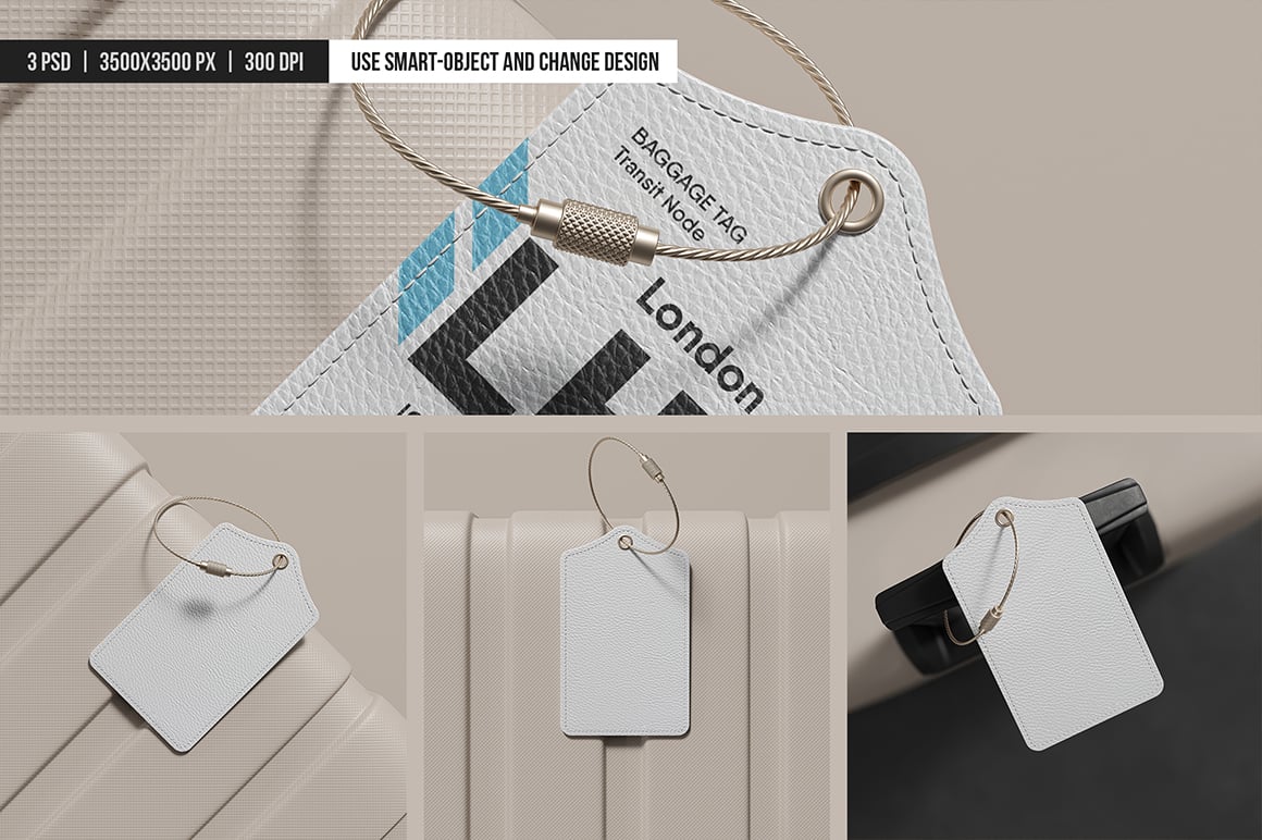 Leather Luggage Tag with Metal Cable Loop Mockup