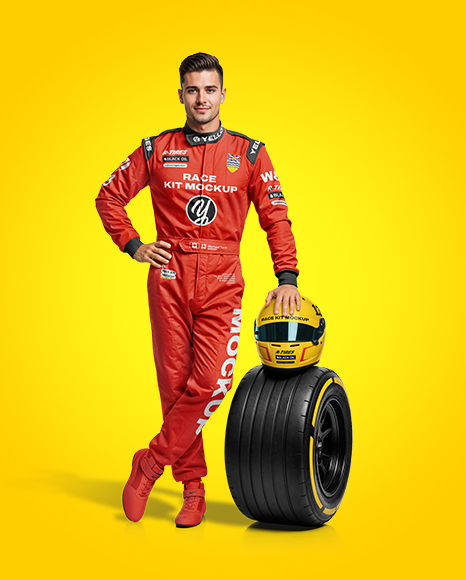 Man Wearing Racing Kit With Helmet Mockup