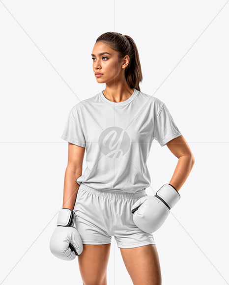 Female UFC Fighter Wearing T-Shirt & Shorts Mockup