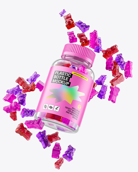 Plastic Bottle with Flying Gummies Mockup - Plastic bottle mockup psd download
