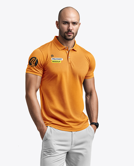 A Man Wearing a Polo Shirt and Pants Mockup - Mens+Polo+Mockup+FrontView+Download+Mens+Polo+Mockup+...