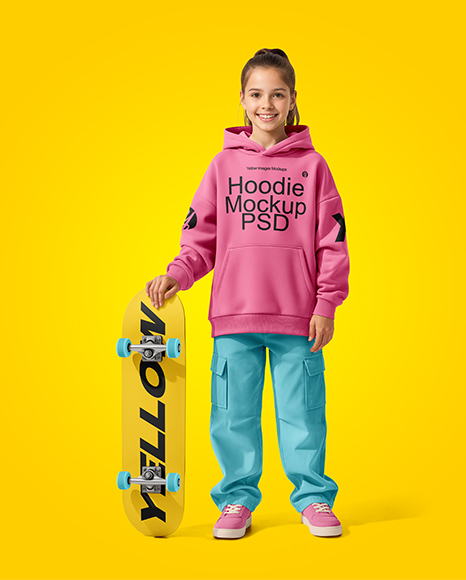 Girl Wearing Hoodie & Cargo Pants with Skateboard Mockup